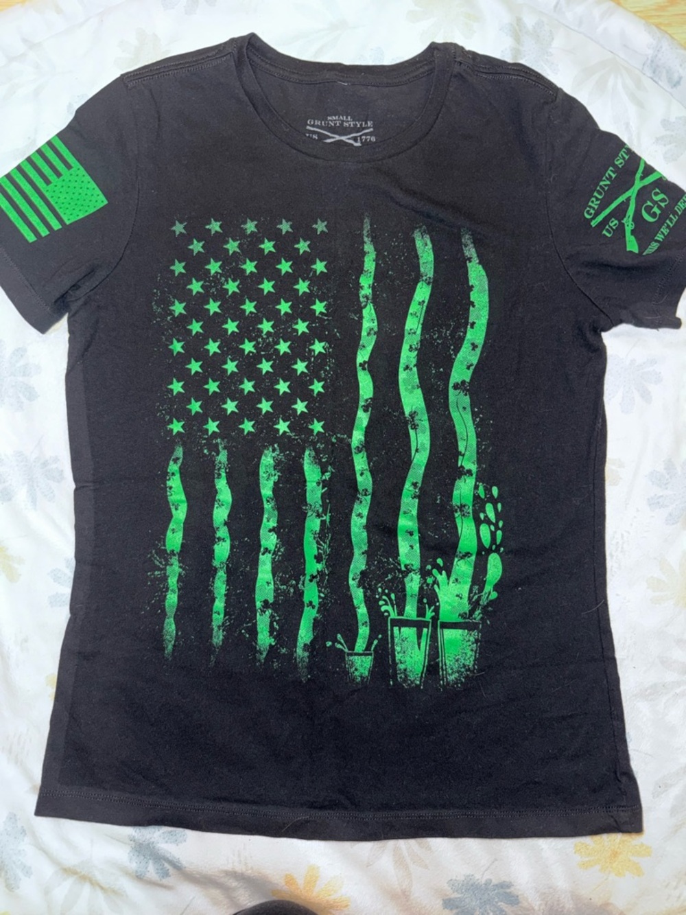 St. Patty's Day Grunt Style Black T‑Shirt with Neon Green Flag Graphic